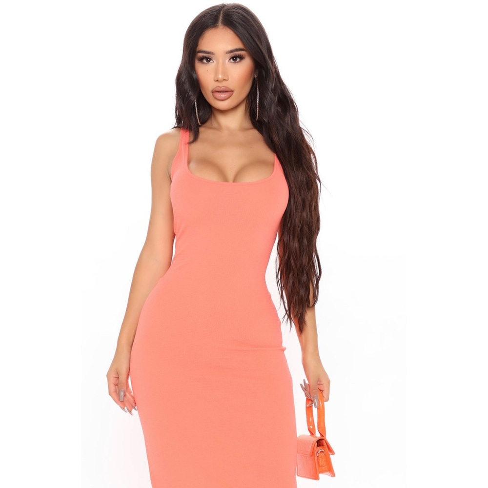 Fashion Nova Neon Coral Sleeveless Square Neck Scoop Back Bodycon Midi Dress